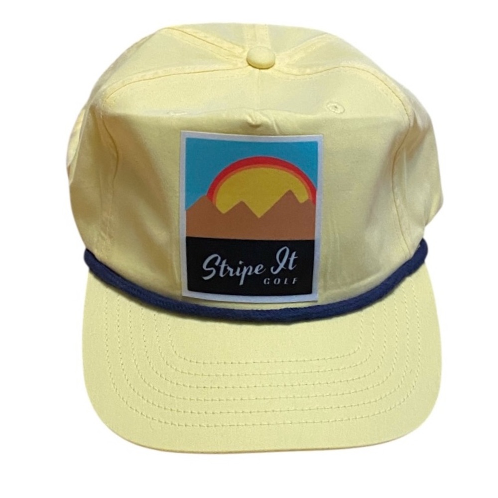 New Stripe It Golf Retro Rope Hat Pale Yellow Snapback Hat Sun Mountains Patch